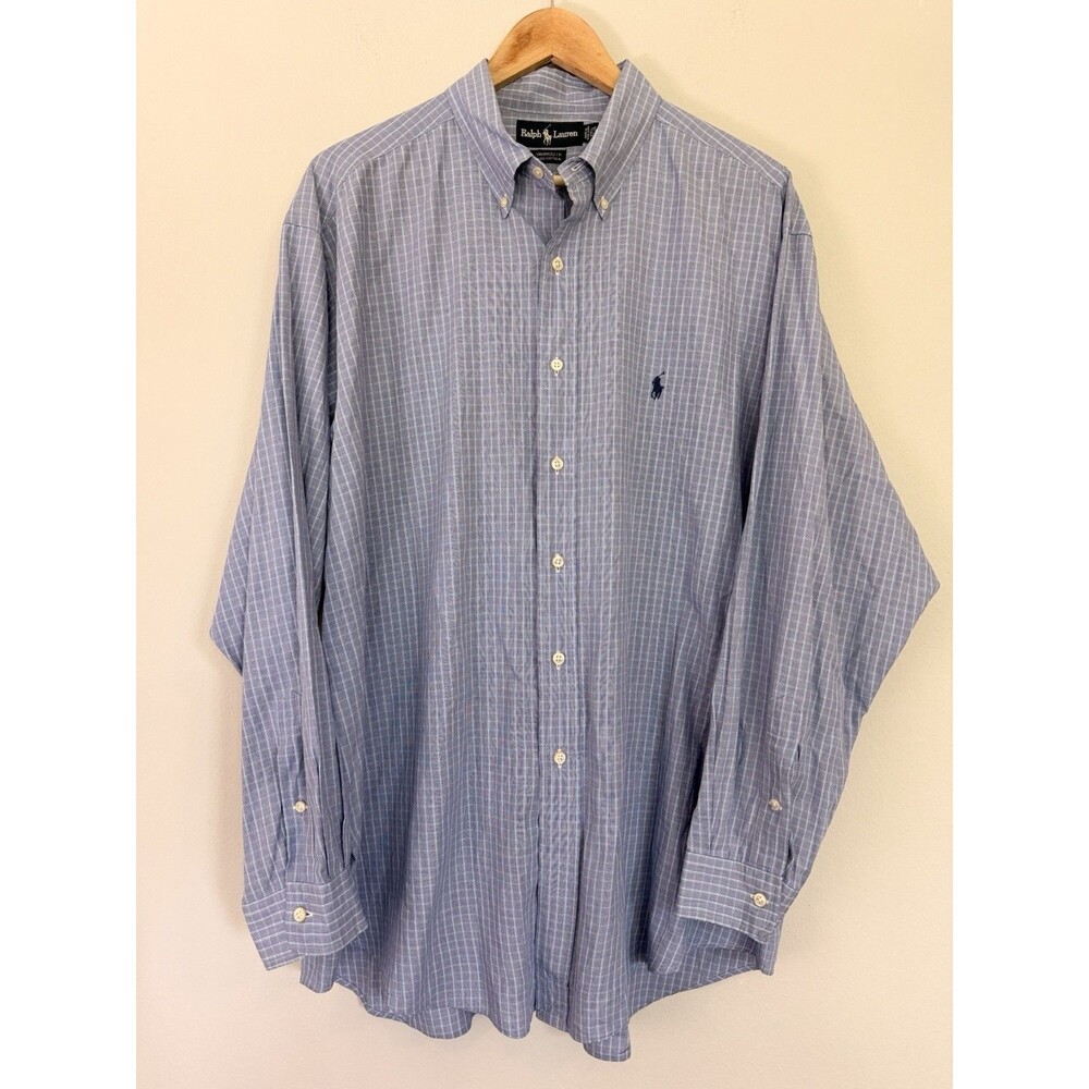 RALPH LAUREN YARMOUTH Men's Shirt Vintage Size 17.5 34/35 Plaid Solid Blue Pony